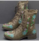 Woman Ankle Boots Embroidery Big Size 43 Flower Boots 2020 Women Autumn Winter Lace Up PU Leather Female Footwear Ladies Shoes