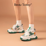 BeauToday Chunky Sneakers Women Split Leather Mesh Patchwork Lace-Up Thick Sole Comfy Lady Shoes Handmade 29383