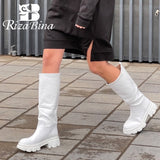 RIZABINA Real Leather Knee Boots For Women INS Winter Platform Shoes Woman Fashion High Heel Long Boot Lady Footwear Size 34-40