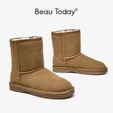 BeauToday Snow Boots Wool Women Cow Suede Leather Natural Fur Slip On Ankle Length Lady Warm Winter Boots Handmade 08025