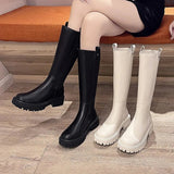 Pofulove Thigh High Flat Boots Women Shoes Black Gothic Shoes White Leather Boots Platform Shoes Chelsea Boots Knee-high Botas