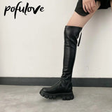 Pofulove Over The Knee Boots Thigh High Leather Boots Sexy Shoes for Women Black Winter Boots Platform Shoes Designer Botas