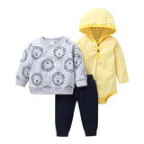 Murioki 3PCS Infant Baby Boy Girl Clothes Set 2022 Spring Fall Animals Floral Warm Hooded Coat+Romper+Pants Newborn Baby Clothing Outfit