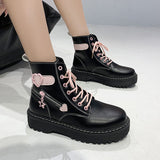 QWEEK Lolita Japanese Kawaii Pink Black Martin Boots Short Love Shoes 2021 New Platform Wild Thick-heeled Rubber Wedges Shoes