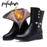 Pofulove Women Winter Boots Black Fur Boots Leather Ankle Booties Fashion Designer Velvet Plush Warm Botas Flat Shoes