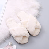 Warm Faux Fur Crossed Indoor Slippers Women House Floor Slides Open Toe Plus Size Ladies Flat Shoes Female Furry Slipper SH442