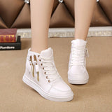 Women Wedge Platform Rubber Brogue Leather Lace Up High Heel 6 Cm Shoes Pointed Toe Increasing Creepers White Sneakers Zipper