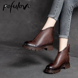 Pofulove Leather Boots Women Vintage Ankle Boots Platform Shoes Booties Woman Punk Goth Shoes Autumn Winter Botas Fashion