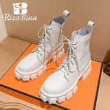 RIZABINA 2022 New Women Ankle Boots Real Leather Fashion Platform Winter Shoes Woman High Heels Office Lady Footwear Size 34-41