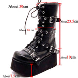 MURIOKI Female Boots For Women Autumn Punk Goth Platform Wedges Buckle Strap Fashion Lace Up Brand Design Winter Med Calf Women's Shoes