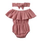 Murioki 2022 Baby Summer Clothing Newborn Baby Girl Ruffles Sleeve Jumpsuit Classic Solid Color Off-Shoulder Triangle Jumpsuit Headband
