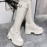 MURIOKI Female Motorcycle Boots For Women Autumn Lace Up Internal Increae Platform Wedges Knee High Med Calf women's Shoes 2023  Winter