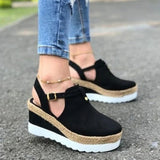 Women's Sandals Vintage Wedge Shoes Woman Buckle Strap Straw Thick Bottom Flats Platform Sandals Flock Female Shoes Summer 2021
