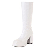 Murioki Platform Women‘S High Knee Boots Autumn Winter Patent Leather Knee High Boots Women Waterproof Heel White Red Party Fetish Shoes