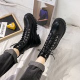 White Black PU Leather Ankle Boots Women Autumn Winter Round Toe Lace Up Shoes Woman Fashion Motorcycle Platform Botas