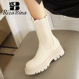 RIZABINA Women Short Boots Fashion Platform Pu Leather Thick Heel Winter Shoe Woman Warm Elastic Casual Lady Footwear Size 34-42