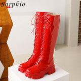 MURIOKI Female Motorcycle High Boots For Women Lace Up Chunky Heel Red Knee High Boots 2022 New Arrivals Fashion Brand New women's Shoes