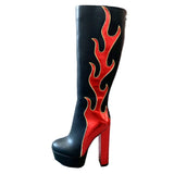 New Women Platform Knee High Boots Block Heel Zipper Sexy Flame Design Party Shoes Female Round Toe Gothic Boots For Women 2021