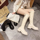 Pofulove Women Thigh High Boots Winter Shoes Knee High Fur Boots Black White Flat Shoes Leather Boots Thick Plush Warm Botas