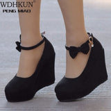 Women High Heels Shoes Fashion Buckle Wedges Ladies Platform Buckle Bowtie Pumps For Woman Plus Size Wedding Shoes