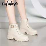 Pofulove Platform Shoes Winter Leather Boots Women White Black Design Boots Spring Fall Shoes Korean Fashion Summer Botas Zapato