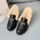 Metal Chains Leather Flats Winter Loafers Women Shoes Winter Warm Mules Celebrity Fur Flat Creepers Soft Heel Moccasins Mujer