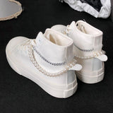 QWEEK Women White High Platform Designer Vintage Sweet Pearls Sport Shoes Sneakers Canvas Casual Flat Vulcanize Rubber Harajuku