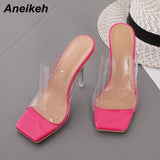 Graduation Shoes 2022 New Women's Shoes Summer PVC Transparent High Heel Slippers Fashion Slides Party Shallow Square Toe Solid Concise