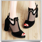 MURIOKI Women Pumps High Thick Black Heels Ladies Shoes Rivet Mesh Zipper Open Toe Casual Party Wedding Platform Chunky Sandal