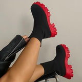 Murioki Automne nouvelles chaussettes chaussures femme Stretch tissu mi-mollet décontracté plate-forme bottes Net rouge tricoté bottes