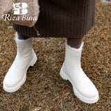 RIZABINA Women Short Boots Real Leather Warm Fur Fashion Platform High Heel Winter Shoes Woman Plush Lady Footwear Size 33-43