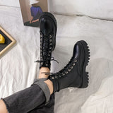 White Black PU Leather Ankle Boots Women Autumn Winter Round Toe Lace Up Shoes Woman Fashion Motorcycle Platform Botas