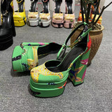MURIOKI 2022 New Sexy Super High Heel Sheepskin Women Sandals Fashion Real silk Printing Pumps Thick Platform Rhinestone Women's Shoes