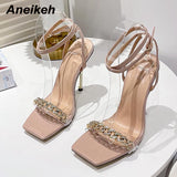 Graduation Shoes Sexy PVC Chain Crystal Shallow Bling Women's Sandals Summer  Fashion Sewing Thin Heels Cross-Tied 2022 NEW Shoes Sweet