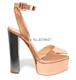 MURIOKI New Fashion Women Open Toe Gold High Platform Chunky Heel Pumps Mirror Patent Leather Ankle Strap High Heels Dress Shoes