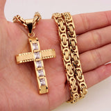Christmas Gift Newest Men/Women Crystal Cross Pendant Necklace Gold Color 316L Stainless Steel Byzantine Chain Necklace Popular Jewelry