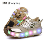 Murioki Children One Two Wheels Luminous Glowing Sneakers Gold Pink Led Light Roller Skate Shoes Kids Led Shoes Boys Girls USB Charging