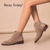 BeauToday Ankle Boots Women Top Quality Cow Suede Zip Autumn Fashion Lady Genuine Leather Shoes Flat Heel Handmade 03274