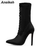 Graduation Shoes New Boots Women 2022 Autumn Fashion Ankle Pointed Toe Shoes Stretch Cross-Tied Lace-Up Stiletto High Heel Botas Mujer 42