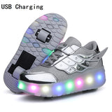 Murioki Children One Two Wheels Luminous Glowing Sneakers Gold Pink Led Light Roller Skate Shoes Kids Led Shoes Boys Girls USB Charging