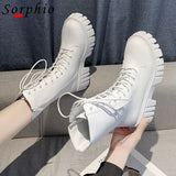 MURIOKI Female Motorcycle Boots For Women Round Toe Platform Chunky Heel Fashion Ankle Boots Med Calf White women's Shoes Woman Lace Up