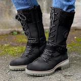 Fashion Brand Winter Mid Calf Boots Women Round Toe Square High Heel Snow Boots Lace Up String Warm Shoes 2021 New