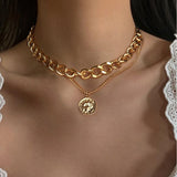 Christmas Gift Vintage Carved Coin Thick Chain OT Buckle Necklace Bohemian Punk Metal Coin Collar Choker Necklace Fashion Women Punk Jewelry