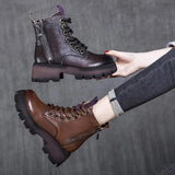 Pofulove Goth Boots Women Shoes Platform Boots Leather Boots Botas for Women Black Brown Short Booties Fashion Vintage Lace Up