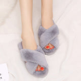 Warm Faux Fur Crossed Indoor Slippers Women House Floor Slides Open Toe Plus Size Ladies Flat Shoes Female Furry Slipper SH442