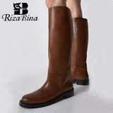 RIZABINA Size 34-43 Women Knee Boots Real Leather Platform Winter Shoes For Woman 2022 Warm Fur Long Boots Office Lady Footwear