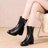 Pofulove Winter Boots Women Furry Heels Warm Black Leather Boots Mid-calf Square Heel Zipper Boots Snow Botas Fashion