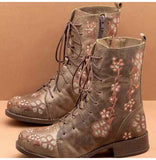 Woman Ankle Boots Embroidery Big Size 43 Flower Boots 2020 Women Autumn Winter Lace Up PU Leather Female Footwear Ladies Shoes