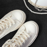QWEEK Women White High Platform Designer Vintage Sweet Pearls Sport Shoes Sneakers Canvas Casual Flat Vulcanize Rubber Harajuku