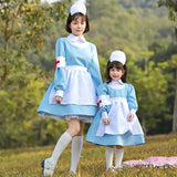 Murioki Kids Adult Blue Nurse Or Maid Costume Cosplay Uniform For Girls Women Parent-Child Halloween Party Fancy Dress